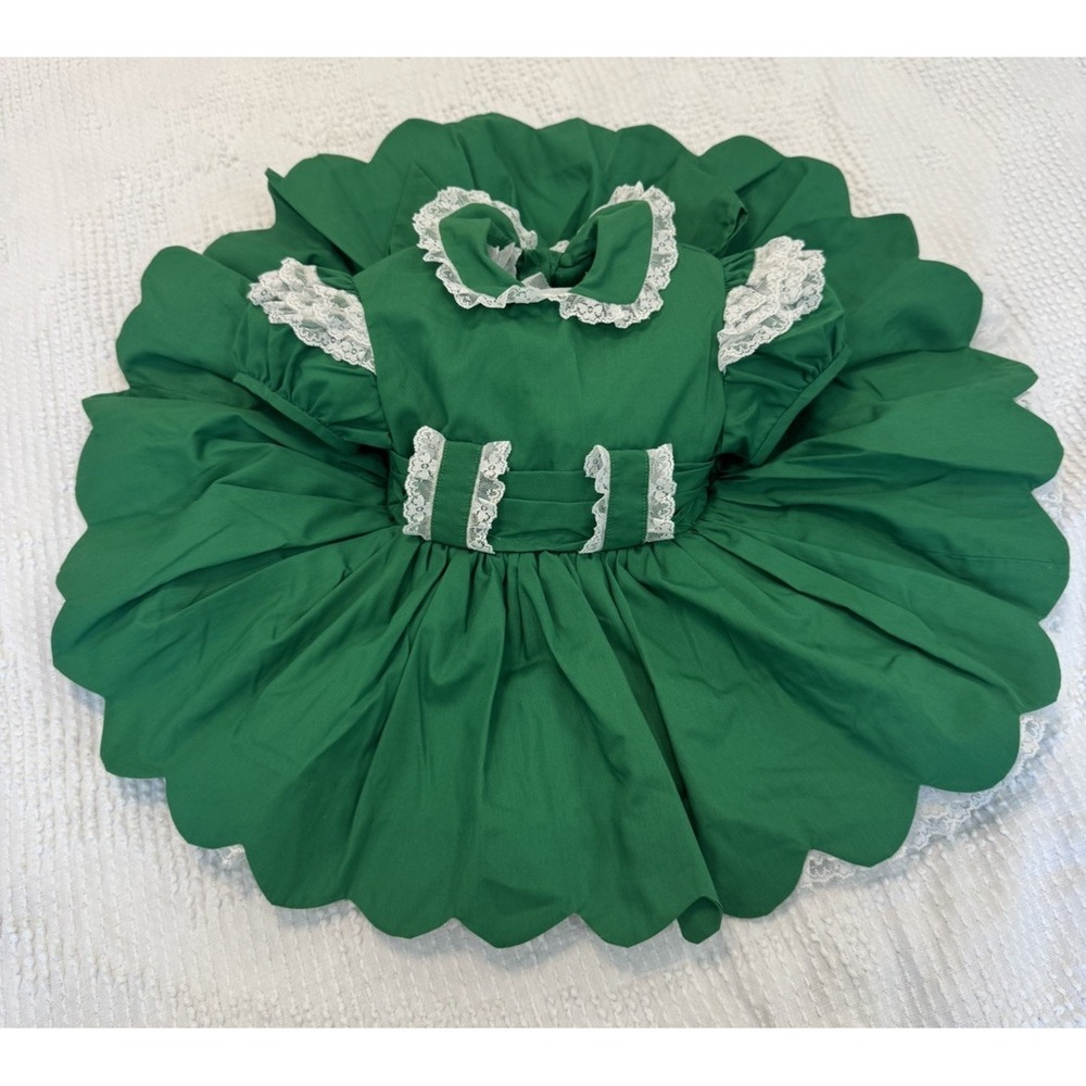 VTG 50s 60s Handmade Baby Circle Dress Sz 12 Mos - Green White Frilly Lace Twirl